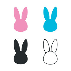 Bunny head with ears icon set, rabbit ear silhouette set, Easter hare ears. Cute bunny ears for Easter, rabbit mask on transparent background, for greeting card.