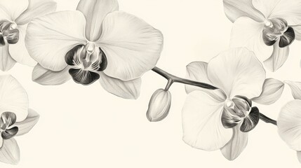 Elegant luxury orchid wallpaper design featuring hand-drawn realistic tropical blossoms in a sophisticated vector illustration, perfect for upscale interiors