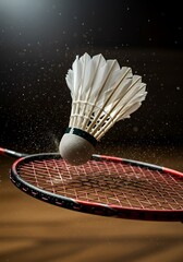 Action Shot of Badminton Shuttlecock in Mid-Flight, Hitting the Racket