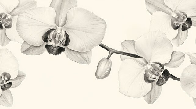 Fototapeta Elegant luxury orchid wallpaper design featuring hand-drawn realistic tropical blossoms in a sophisticated vector illustration, perfect for upscale interiors