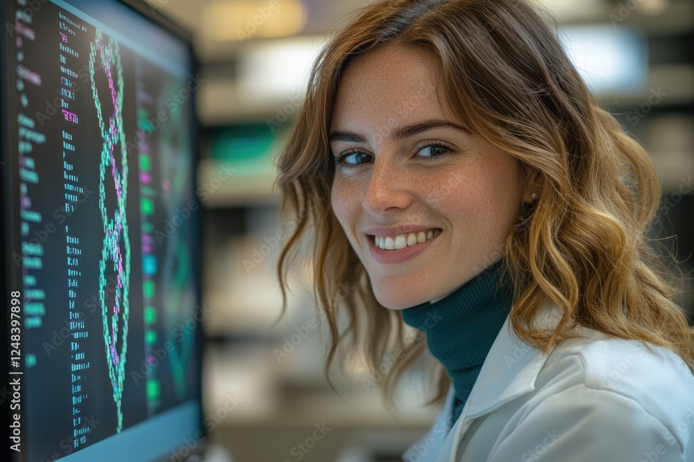 Poster a smiling female scientist looks at genetic code displayed on a computer screen.