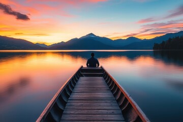 Fototapeta premium Serene Moment on a Calm Lake at Sunrise with Mountains in View