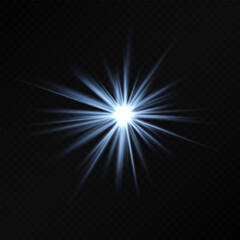 Obraz premium Glowing blue starburst light effect on a dark background. Radiating beams create a luminous flare, symbolizing energy, illumination, and futuristic design. Sci-fi, digital effects, abstract