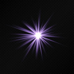 Glowing purple starburst light effect on a dark background. Radiating beams create a luminous flare, symbolizing energy, illumination, and futuristic design. Sci-fi, digital effects, abstract themes