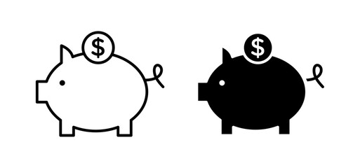 Piggy bank icons pack vectors in black flat and strokes