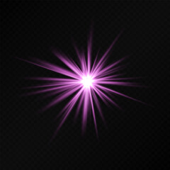 Obraz premium Glowing purple starburst light effect on a dark background. Radiating beams create a luminous flare, symbolizing energy, illumination, and futuristic design. Sci-fi, digital effects, abstract themes