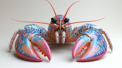 A 3D cartoon lobster with vibrant colors and oversized claws, sitting on the ocean floor on a white background