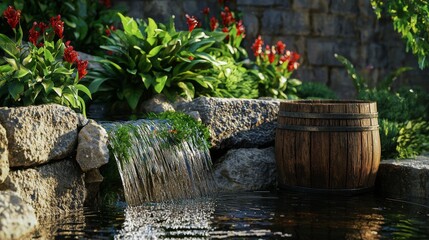 A rural homestead with a natural spring flowing into a wooden barrel water feature. --chaos 20 --ar 16:9 --quality 2 --v 6.1 Job ID: e8f79afd-4338-40fd-9ba2-b997f355d706