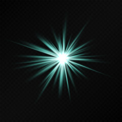 Obraz premium Glowing teal starburst light effect on a dark background. Radiating beams create a luminous flare, symbolizing energy, illumination, and futuristic design. Sci-fi, digital effects, abstract themes