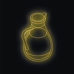 Bright yellow neon glowing jug on black background, representing restaurant, bar or cafe