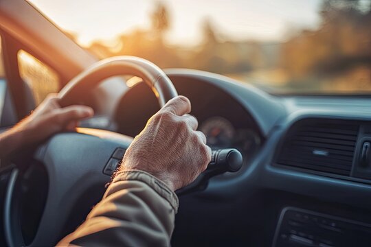 Blurred image man driving a car on the road. Close up of male hands on steering wheel