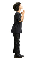 A woman, full-length, on a white background, pleads