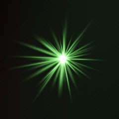 Glowing green starburst light effect on a dark background. Radiating beams create a luminous flare, symbolizing energy, illumination, and futuristic design. Sci-fi, digital effects, abstract themes