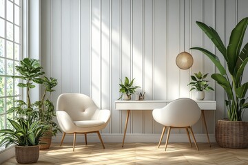 Modern office room with light gray vertical striped wallpaper, wooden floor, white desk, and space for product or text.