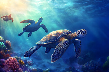 Obraz premium Majestic sea turtles gliding through vibrant ocean coral reefs