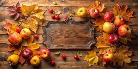 Rustic Autumnal Arrangement Featuring Apples and Fall Foliage Surrounding a Blank Wooden Sign, Perfect for Seasonal Announcements or Greetings