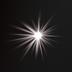 Glowing white starburst light effect on a dark background. Radiating beams create a luminous flare, symbolizing energy, illumination, and futuristic design. Sci-fi, digital effects, abstract themes