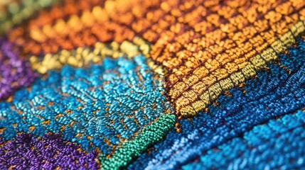 Vibrant multicolored embroidered textile close up detail