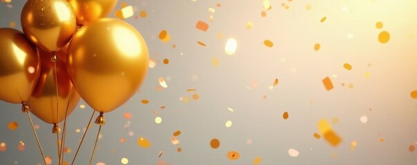 Gold balloon cluster with falling confetti, birthday card design, party, confetti