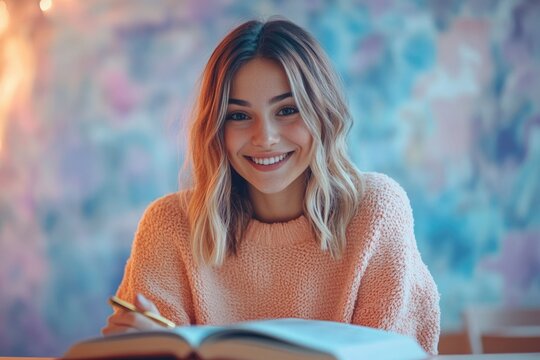 A smiling young woman in a peach sweater studies a book, illuminated by soft background lighting.