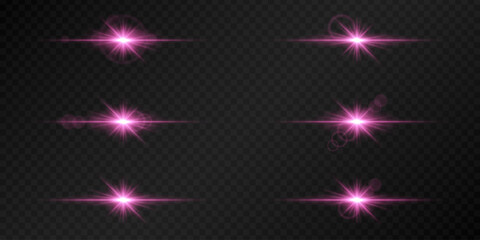 Set of glowing pink lens flares on a dark transparent background. Radiating light bursts with horizontal beams create a bright, futuristic effect. Sci-fi, digital effects, abstract design themes