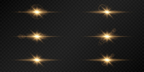 Fototapeta premium Set of glowing golden lens flares on a dark transparent background. Radiating light bursts with horizontal beams create a bright, futuristic effect. Sci-fi, digital effects, abstract design themes