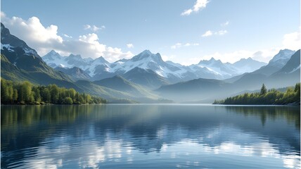 Fototapeta premium Serene mountain lake landscape – A tranquil lake reflecting snow-capped mountains and lush forests under a clear sky. Ideal for nature, travel, and relaxation themes.