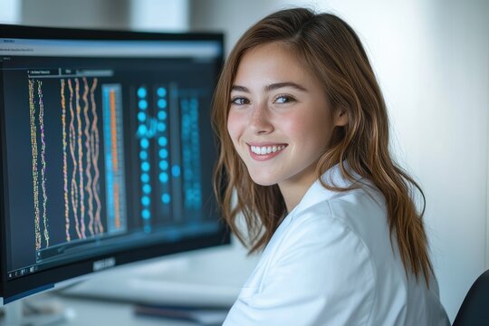 A smiling female scientist analyzes genetic data on a computer screen, showcasing advancements in genomic research.