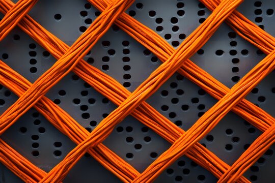 Orange cables crisscross server rack; data center background