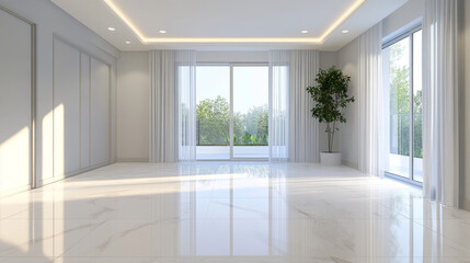 Fototapeta premium Empty room with white tile floors and lights 3d render illustration. 3D Illustration
