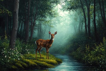 Serene Forest Scene with Fawn Beside Tranquil Stream