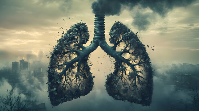 Surreal depiction of lungs as polluted cityscape representing environmental issues