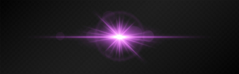 Bright pink lens flare with radiating beams on a dark transparent background. Horizontal glow effect symbolizes illumination, energy, and futuristic design. Sci-fi, digital effects, abstract themes