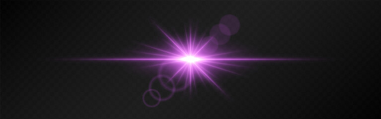 Bright pink lens flare with radiating beams on a dark transparent background. Horizontal glow effect symbolizes illumination, energy, and futuristic design. Sci-fi, digital effects, abstract themes