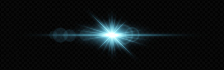 Bright blue lens flare with radiating beams and light rings on a dark transparent background. Horizontal glow effect symbolizes illumination, energy, and futuristic design.