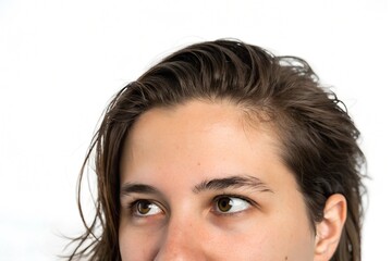 A close up photo of women that show her eye expression forehead and hair