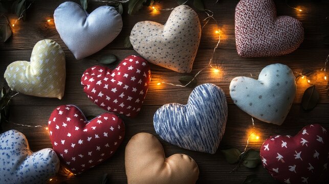 Heartfelt flatlay display of fabric heart-shaped cushions, neatly arranged with soft lighting and room for personalized text or graphics