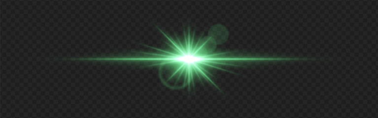 Bright green lens flare with radiating beams and light rings on a dark transparent background. Horizontal glow effect symbolizes illumination, energy, and futuristic design