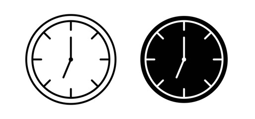 Clock seven icons pack vectors in black flat and strokes