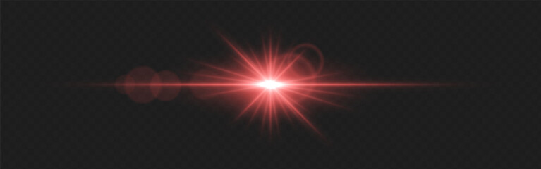 Warm red lens flare with radiant beams and circular light reflections on a dark transparent background. Horizontal glow effect symbolizes illumination, energy, and cinematic lighting