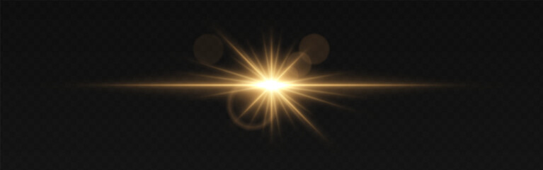 Golden light flare with radiant beams and soft circular reflections on a dark transparent background. Horizontal glow effect represents illumination, energy, and cinematic lighting. Sci-fi visuals
