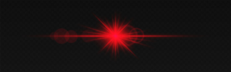 Warm red lens flare with radiant beams and circular light reflections on a dark transparent background. Horizontal glow effect symbolizes illumination, energy, and cinematic lighting
