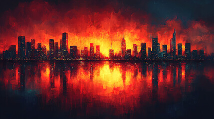 Fototapeta premium City skyline engulfed in orange flames with dramatic reflections at dusk revealing a sense of urgency and alarm. Generative AI