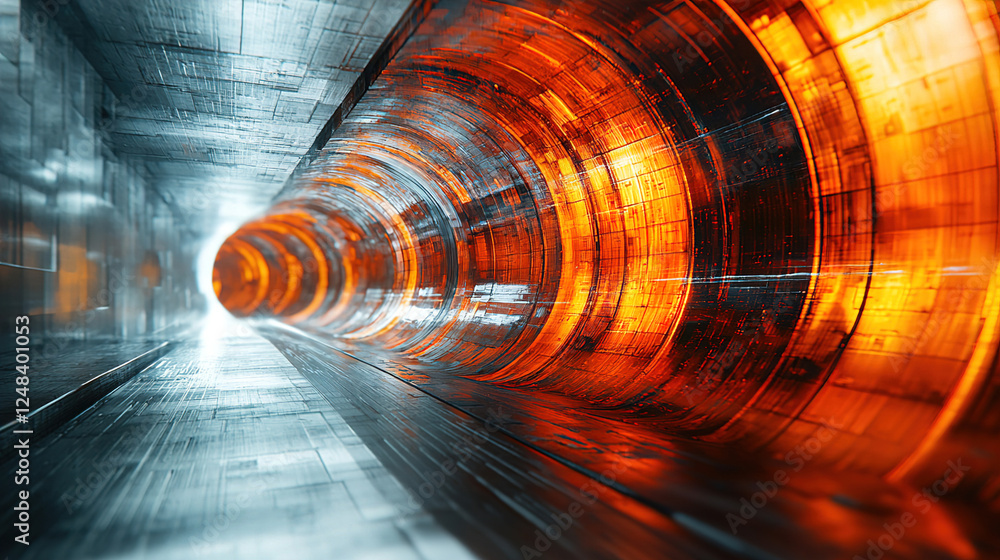 Poster exploring a futuristic tunnel with glowing lights and metallic surfaces in a digital environment. ge