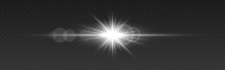 Fototapeta premium Bright white glowing light flare with horizontal lens flare effect. Transparent background. Abstract digital illumination for design and overlay effects