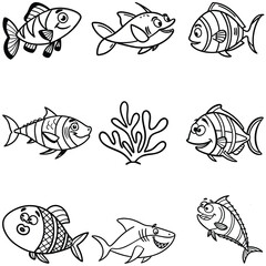 Fish cartoon icon bundle line art silhouette vector 