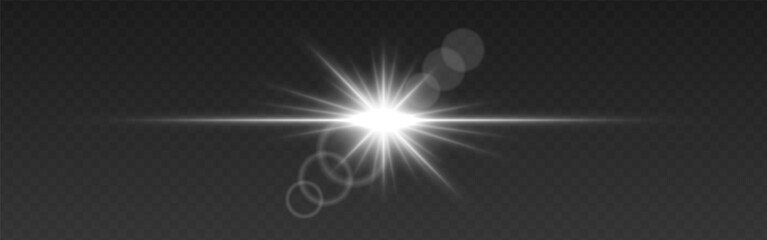 Obraz premium Bright white glowing light flare with horizontal lens flare effect. Transparent background. Abstract digital illumination for design and overlay effects