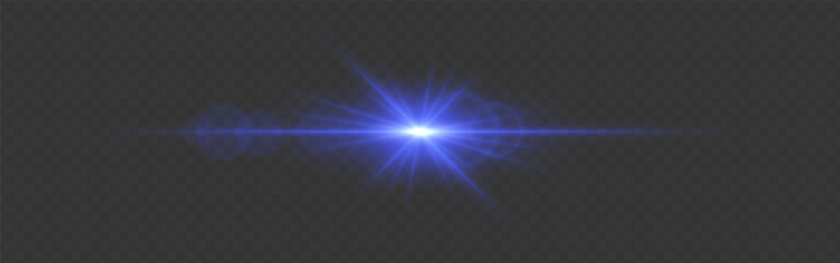Bright blue glowing light flare with horizontal lens flare effect. Transparent background. Abstract digital illumination for design and overlay effects