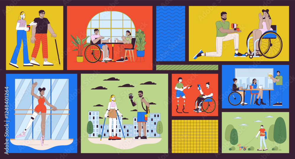 Poster life with disability bento grid illustration set. inclusion and conveniences 2d vector image collage