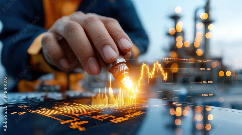 Poster aerial view of a large petroleum refinery complex with glowing market charts financial data analytic